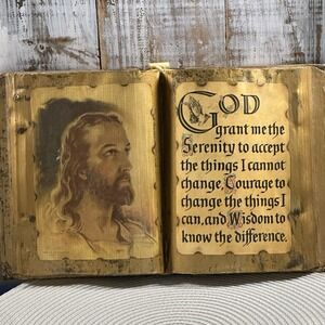 WE Sallman Serenity Prayer Jesus Gold Tone Decoupaged Book Bible Religious